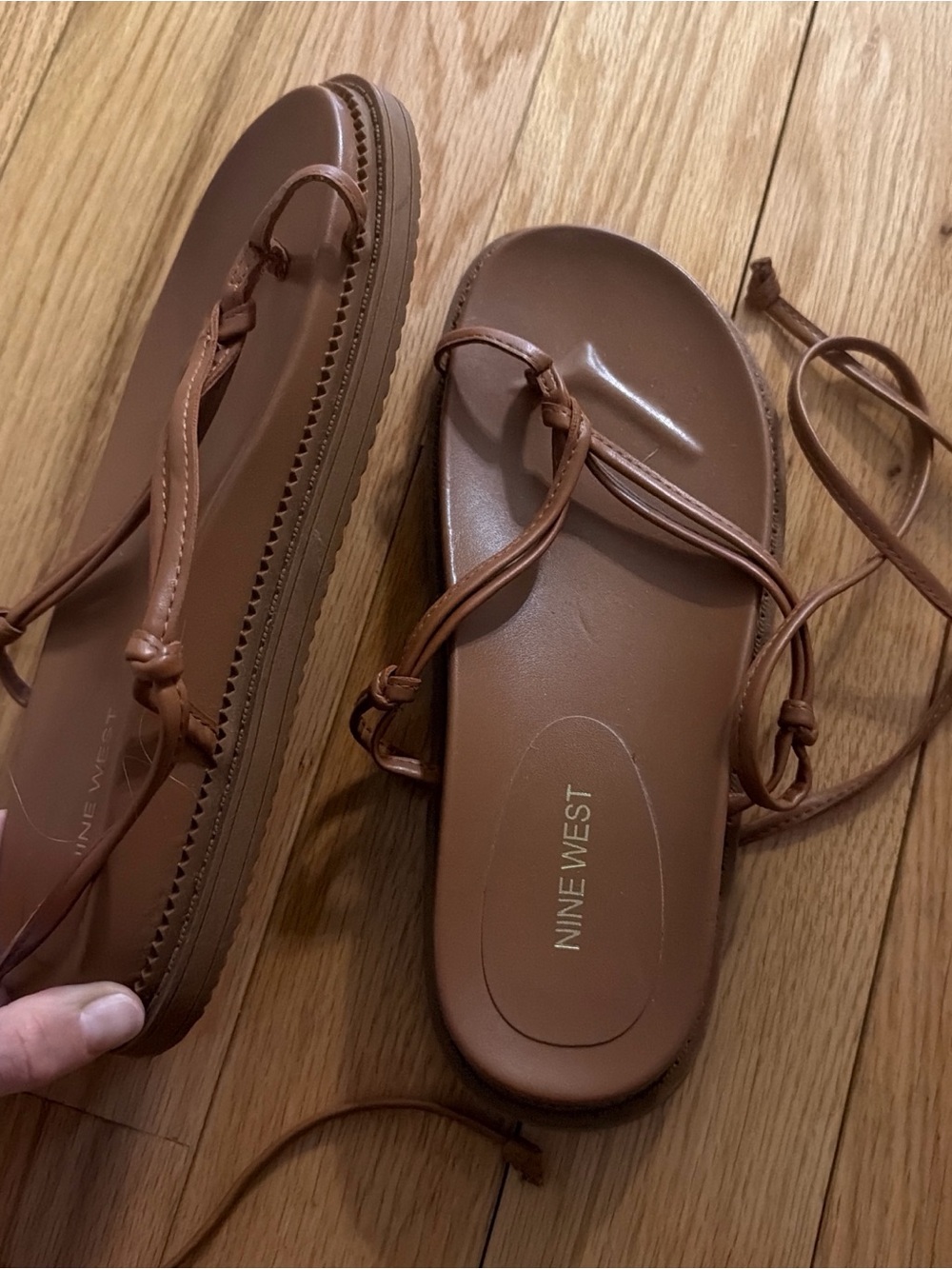 Nine West Tan Brown Strappy Lace-Up Flat Sandals